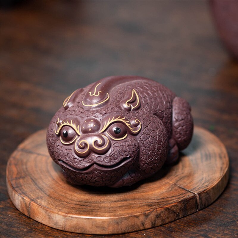 3.74" Chinese Yixing Handmade Purple Clay Tea Pet Statue Ornaments Tea Figurine