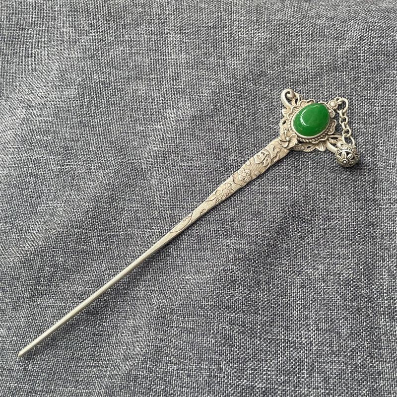 Miaosilver Hairpin Vintage Green Gem Hair Stick Antique Tassel Hair Jewelry
