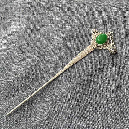 Miaosilver Hairpin Vintage Green Gem Hair Stick Antique Tassel Hair Jewelry