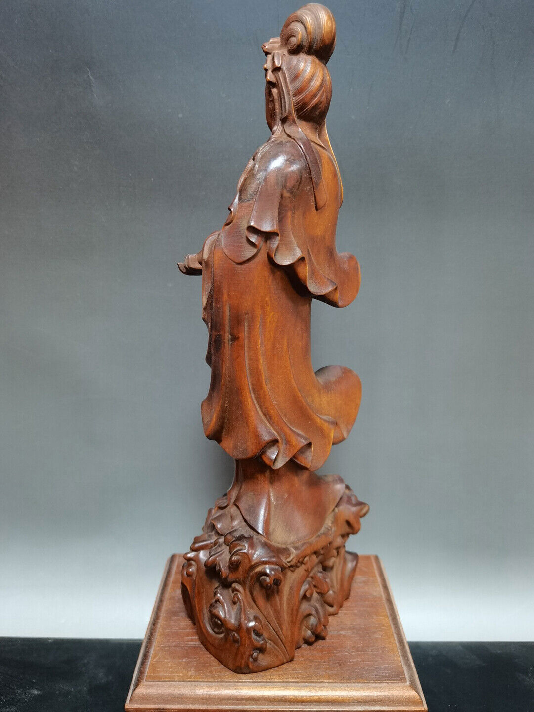 China Antique Decor Wooden Kwan Yin Statue Carved Boxwood Figures Sculpture Art