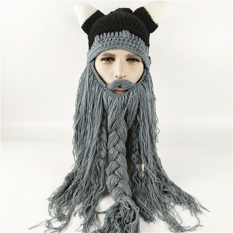 Nordic Style Hats Winter Viking Horn Wool Creative Long Beard Hats Halloween Cap