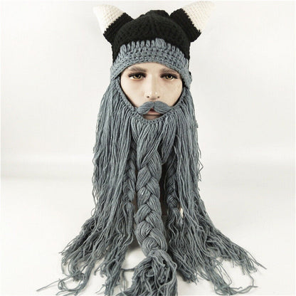 Nordic Style Hats Winter Viking Horn Wool Creative Long Beard Hats Halloween Cap