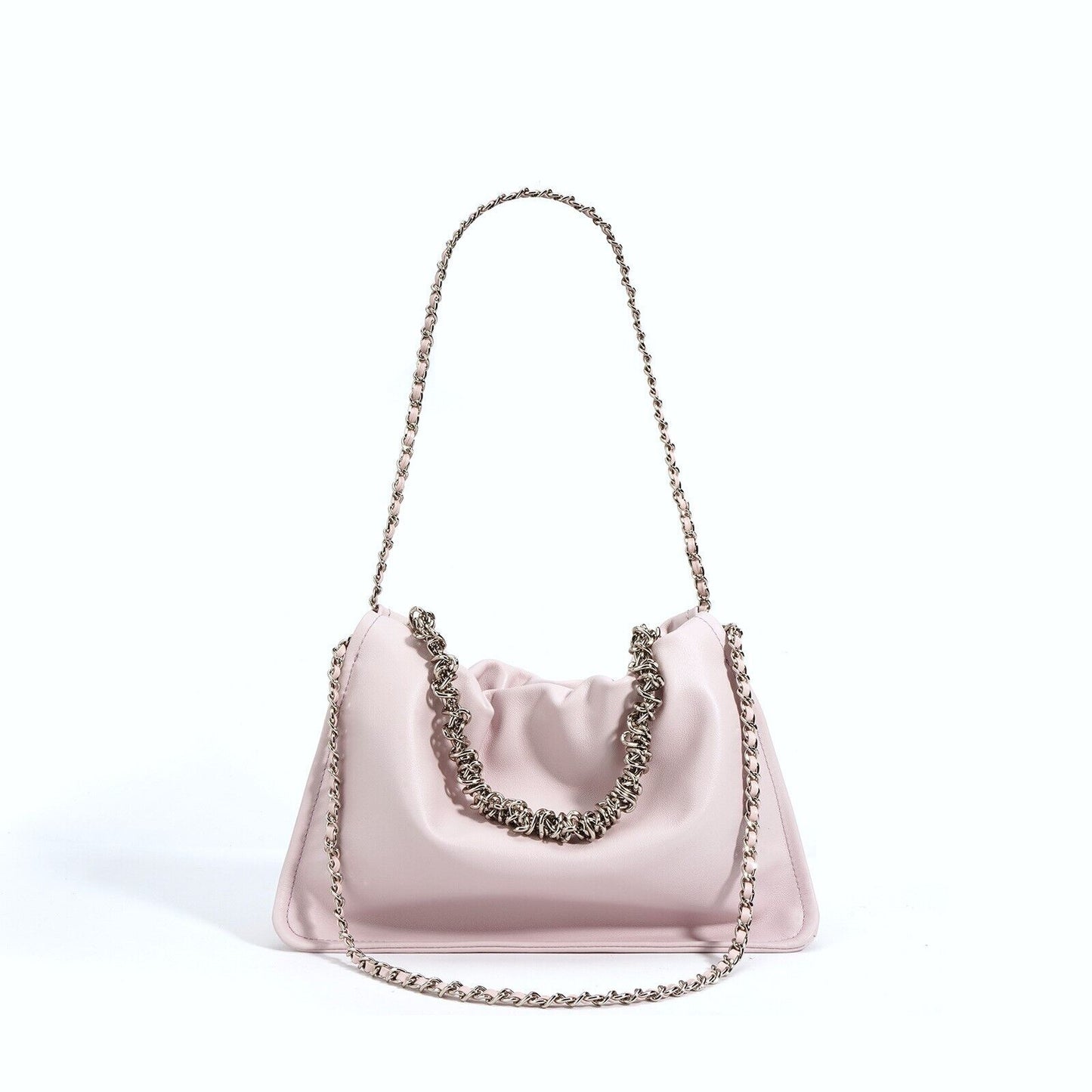 Ruched Real Leather Clutch Purse Pouch Tote Shoulder Bag Crossbody w/ Chains