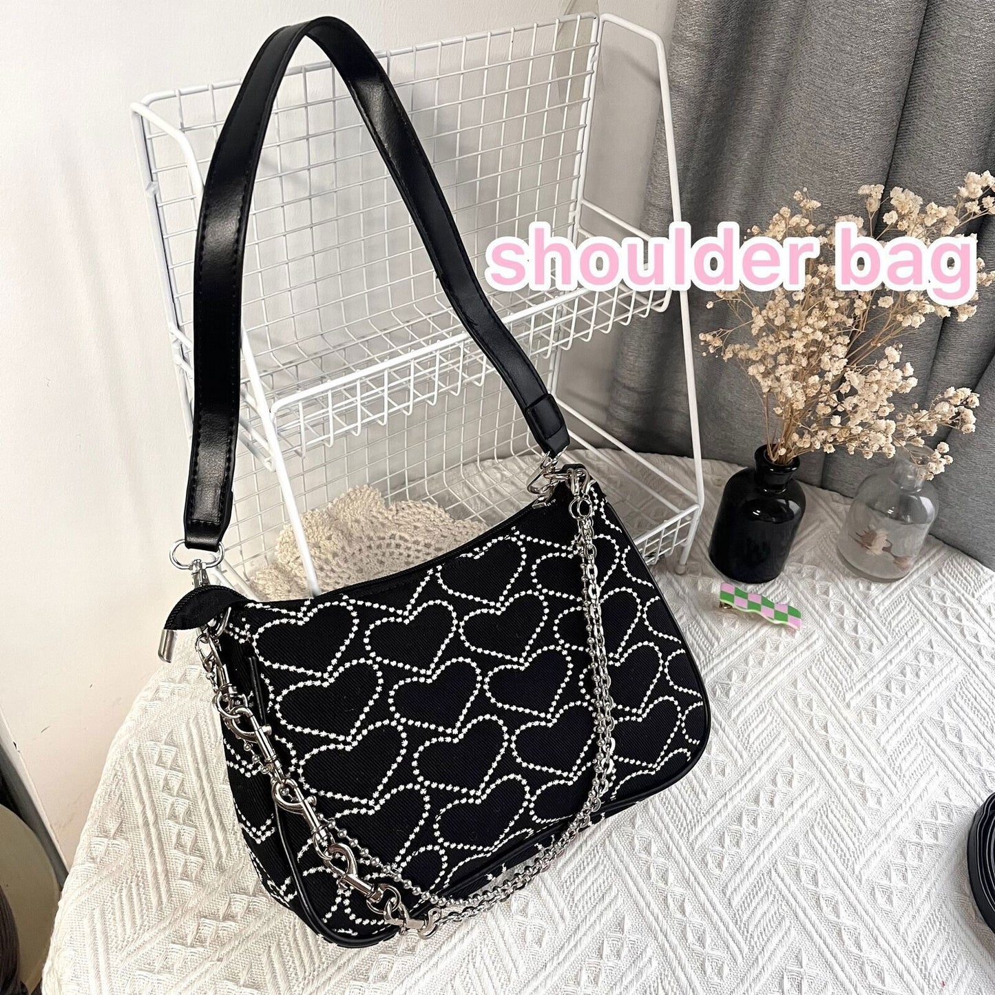 Women's Canvas Shoulder Bag Embroidery Ladies Bags Chain Purse Handbags