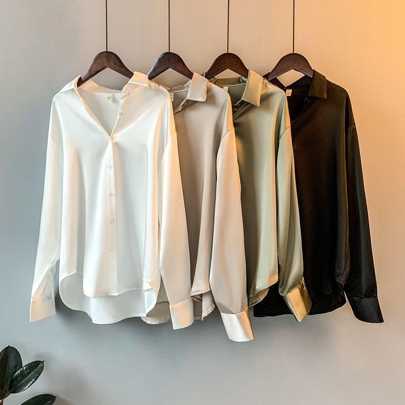 Color Ladies Baggy Solid Button-up Work Tops Blouse Women Long Sleeve Satin Silk