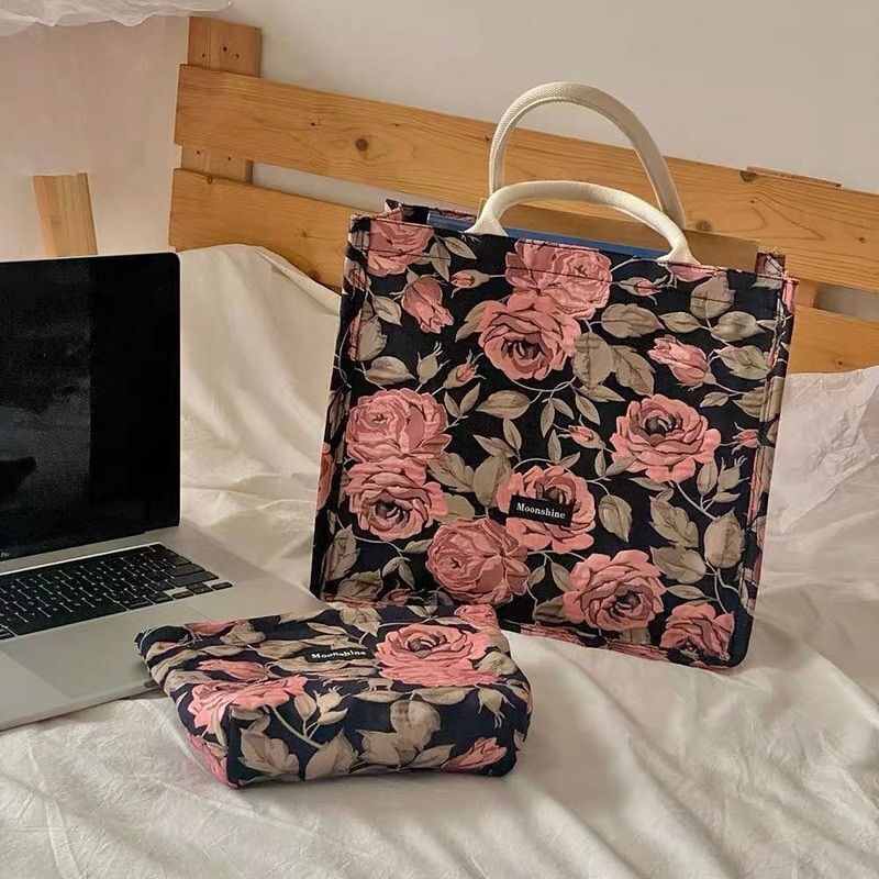 Vintage Tote Bag Rose Print Luxury Handbag Large Shopping Bags 36.5*32.5*16 CM