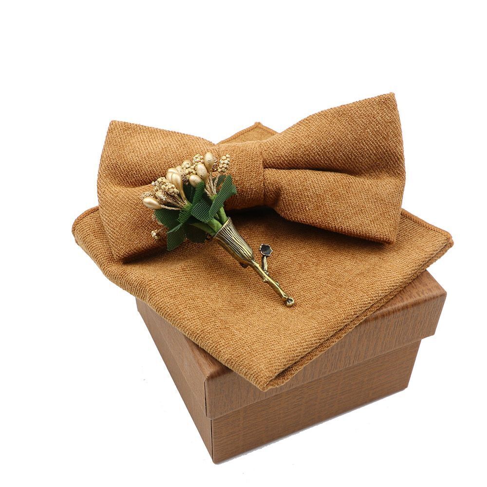 Men Bow Ties 3Pcs Cotton Handkerchief Flower Brooch Women Party Wedding Necktie