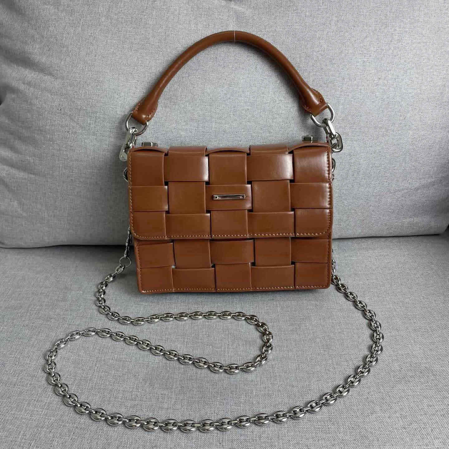 Woven Leather Small Flap Purse Chains Satchel Mini Tote Crossbody Shoulder Bag