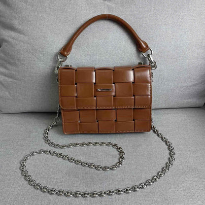 Woven Leather Small Flap Purse Chains Satchel Mini Tote Crossbody Shoulder Bag