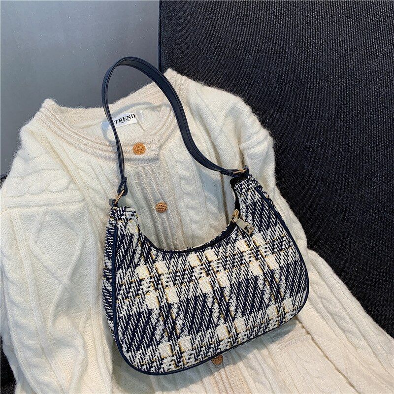 Plaid Canvas Bag Leather Crescent Shoulder Bag Zipper Handbags 24*8*18 CM 26 CM