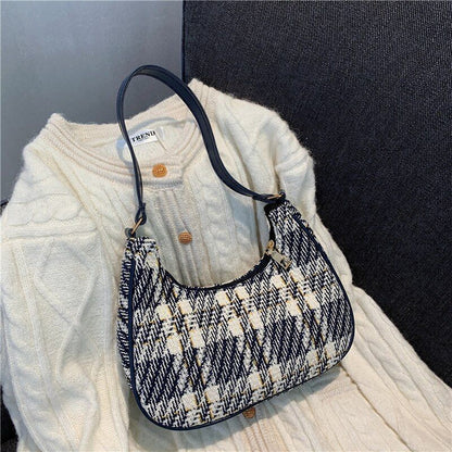 Plaid Canvas Bag Leather Crescent Shoulder Bag Zipper Handbags 24*8*18 CM 26 CM