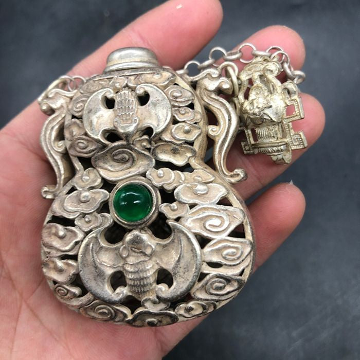 Vintage Chinese Silver Plated Copper Bat Openwork Incense Sachet Pendant