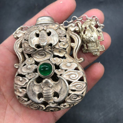 Vintage Chinese Silver Plated Copper Bat Openwork Incense Sachet Pendant