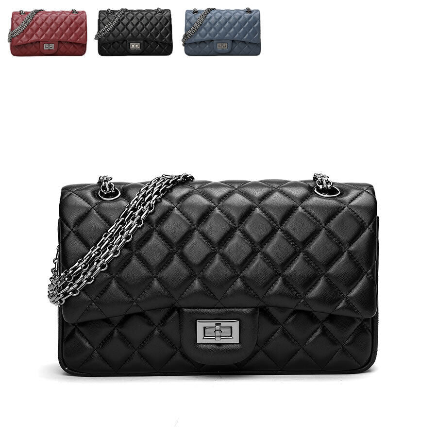 Quilted Sheepskin Leather Double Flap Small Shoulder Bag w/ Chains Handbag Purse
