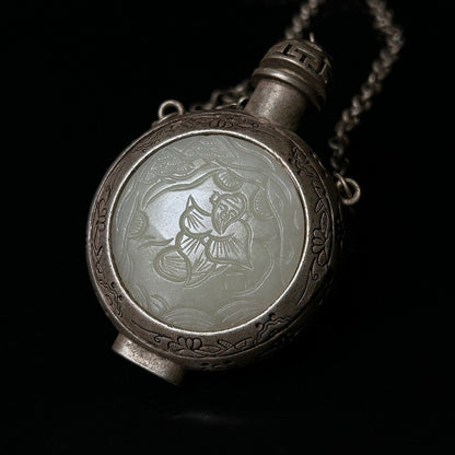 China Tibetan Silver Inlay Jade People Snuff Bottle Sachet Amulet Necklace
