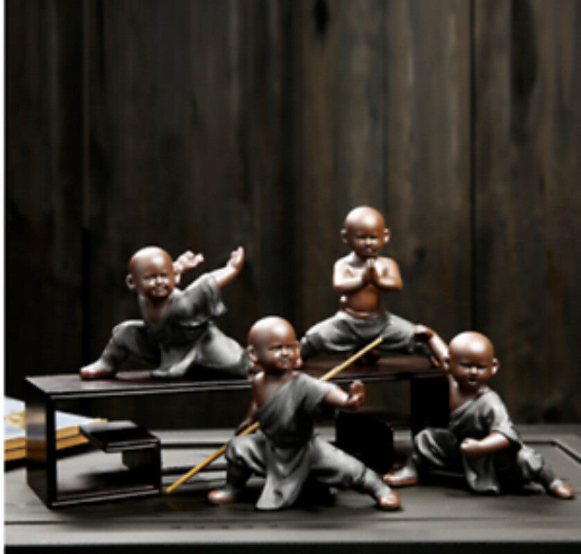 4pcs Kungfu Boy Statue Handmade ShaoLin Monk Kungfu Pose Purple Clay Tea Pet