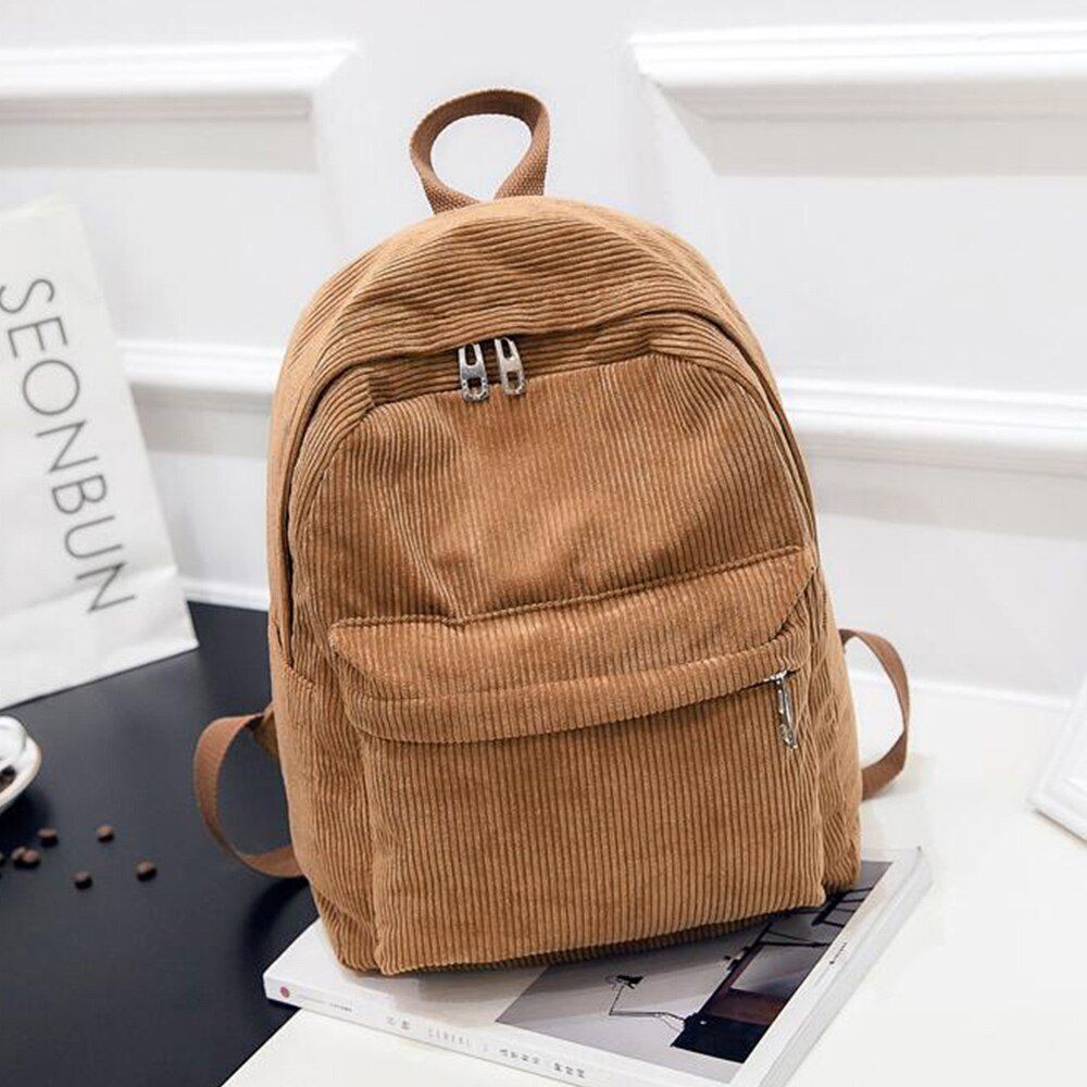 Corduroy Backpack School Travelling Shoulder Bag Softback Cotton Blue 25*12*36CM
