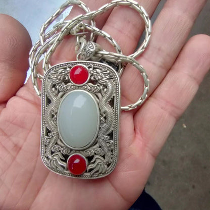 Chinese Old Tibetan Silver Hand CarvingGemstone inlay necklace pendant Collect