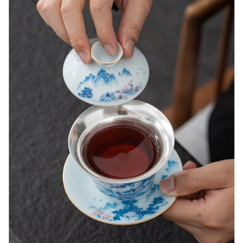 Complete Tea Set Pure Silver Ceramic Gaiwan Matching Tea Cup Pitcher Filter Net