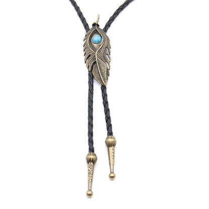 Western Cowboy Bolo Tie Feather Metal Blue Bead Unisex Cos Necklace