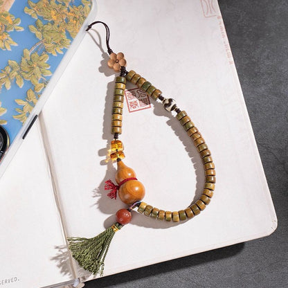 Green Sandalwood Gourd Phone Strap Wrist Lanyard Chinese Style Beaded Charm
