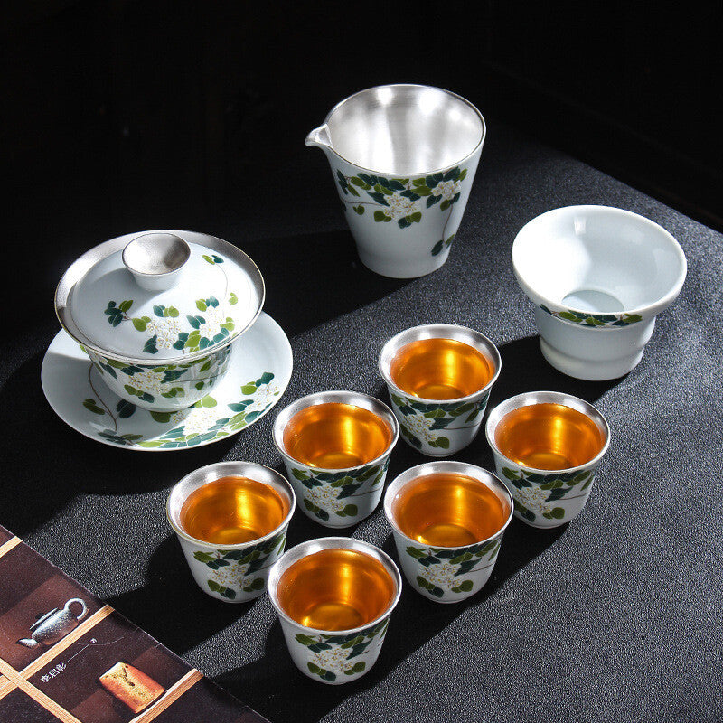 Health Care Pure Silver Tea Set Porcelain Flower Relief Honeysuckle Gaiwan Cups