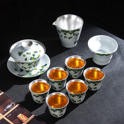 Health Care Pure Silver Tea Set Porcelain Flower Relief Honeysuckle Gaiwan Cups
