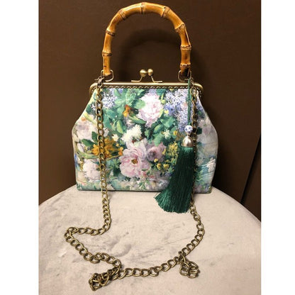 Lock Shell Bags Wood Vintage Flowers Chain Shoulder Crossbody Bag Tote Handbag