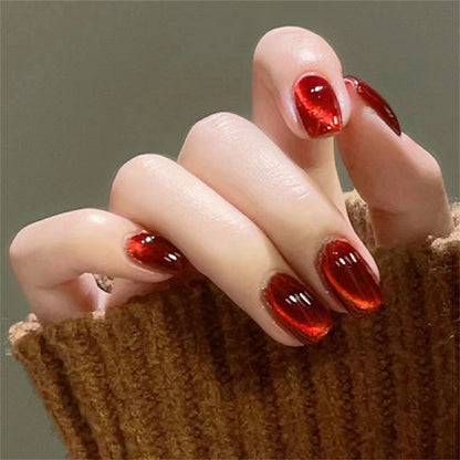 Cherry Red Cat Eye False Nail Short Square Press on Nails for Nail Art 24pcs