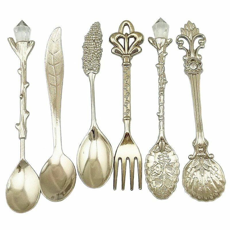 6Pcs/Set Vintage Dessert Spoons Fork 110x20mm Metal Gold Carved Coffee Tea Spoon