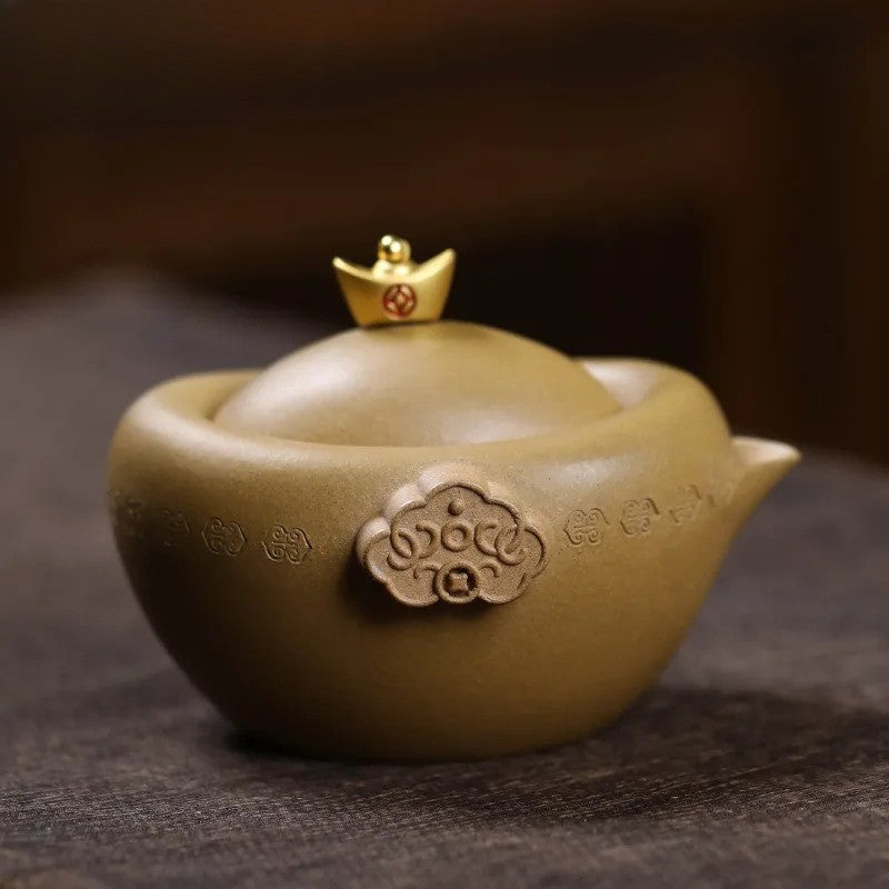 100ml Yixing Purple Clay Handcarved Ingot Pot Tea Kettle Chinese Retro Teaware