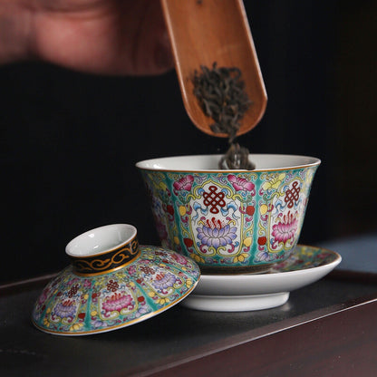 Antique Style Color Enamel Porcelain Gaiwan Handpainted Ceramic Tureen Cup Bowl