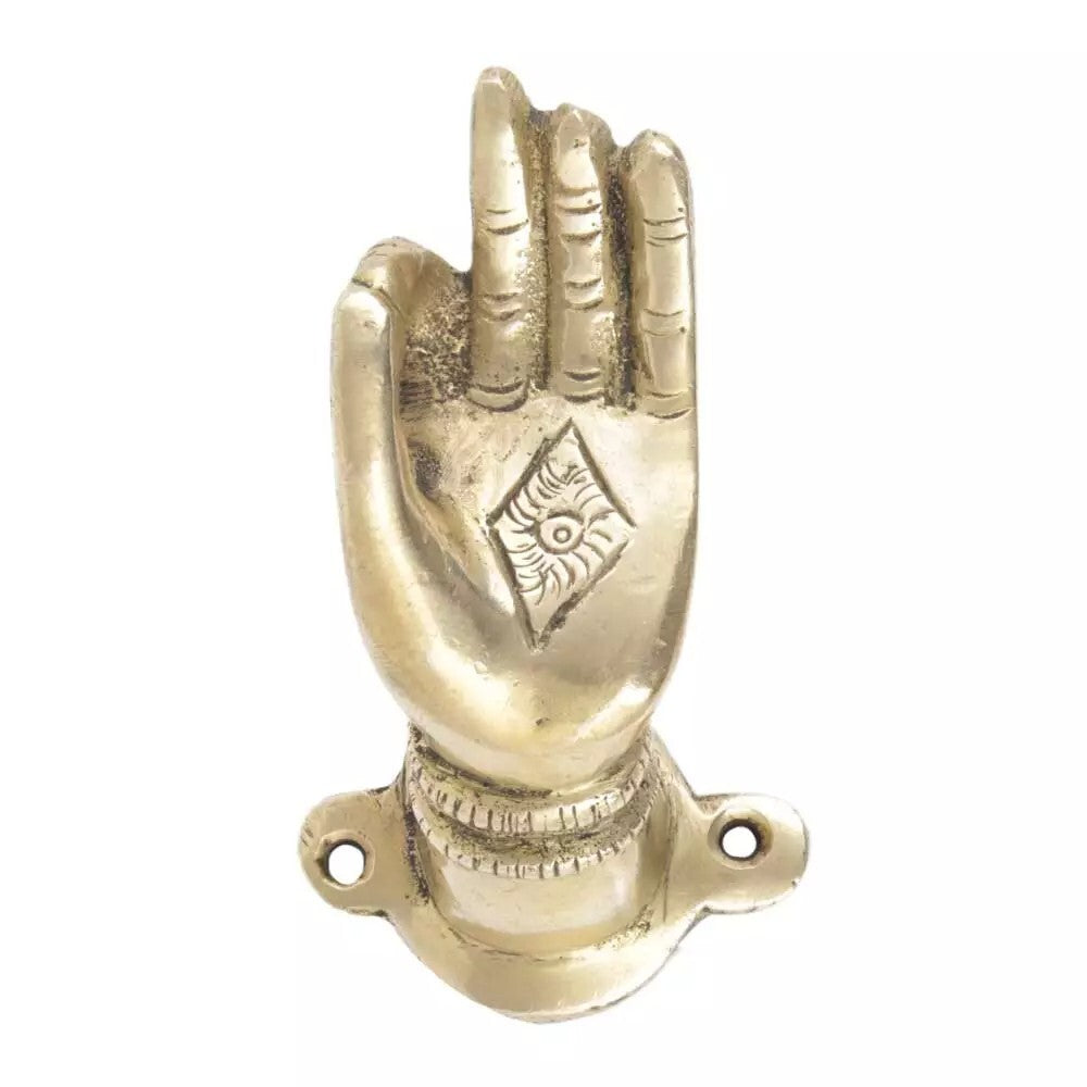 Set of 2 Antique Look Golden Brass Door Handles With Buddha Meditating Hand