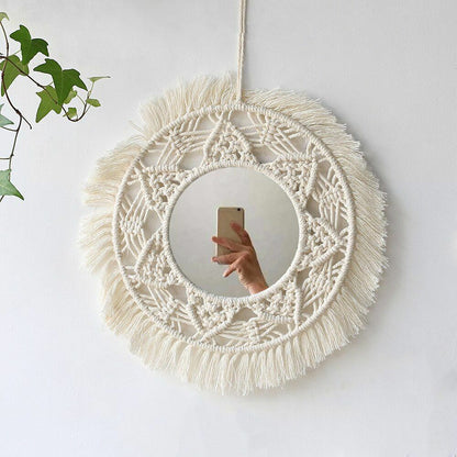 Wall Mirrors Macrame Boho Handmade Round Aesthetic Home Decor Glass Cotton 25cm