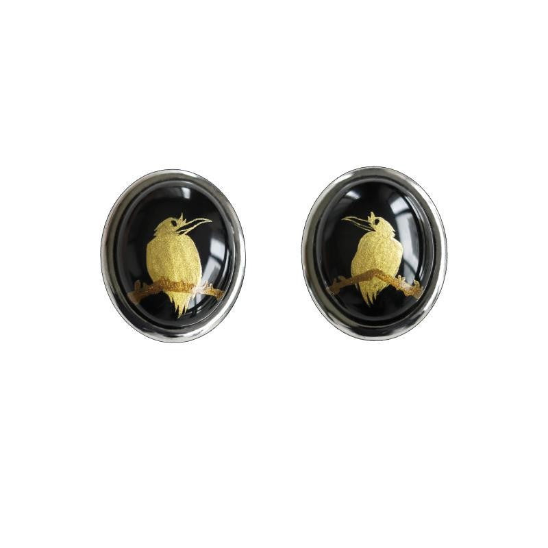 Handmade Lacquer Earrings Golden Bird Pattern New Chinese Minimalist Studs