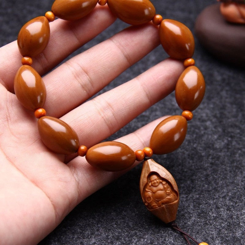 Natural Olive Pit Hand String Handcarved Maitreya Buddha Bracelet Amulet Bangle