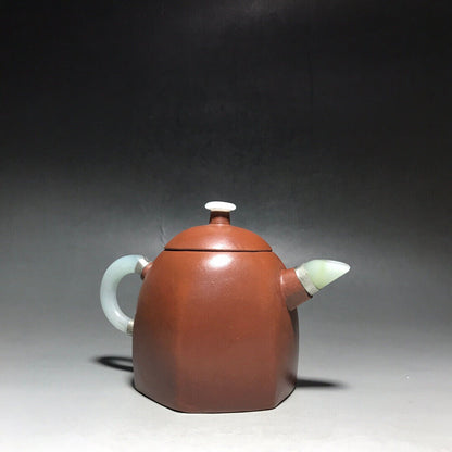 Chinese Yixing Zisha Clay Handmade Exquisite Teapot（镶玉六方秦权 底款：杨鹏年）