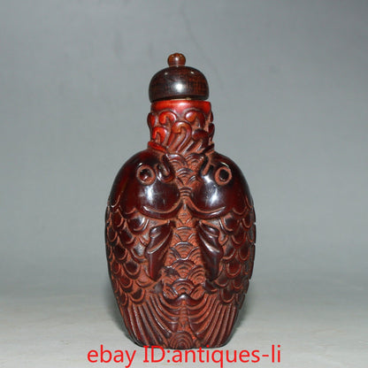 An Early Chinese Collectible Natural Ox Horn Double Fish Snuff Bottle