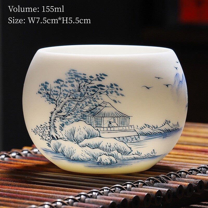 Boutique Hand Painted Tea Cup Fat Mutton Jade Porcelain Master Cup Chinese Cup
