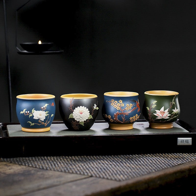 One Cup Real Yixing Zisha Purple Clay Tea Cup Floral Relief Handmade Master Cup