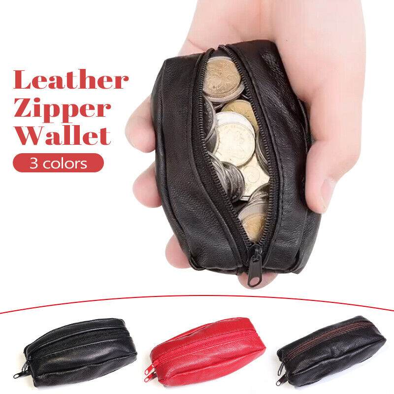 Unisex Soft Real Leather Pouch Coins Keys Money Holder 2 Ways Zips Wallet Purse