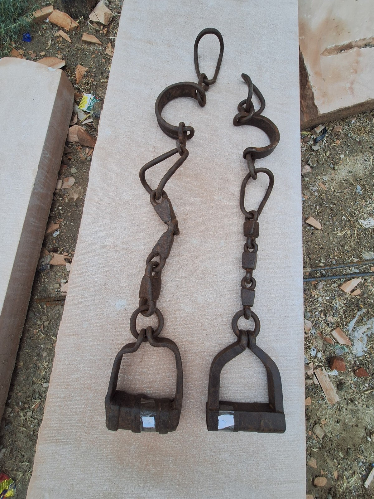 OLD VINTAGE HAND FORGED HORSE LEG IRON CHAIN ANIMALS SHACKLES - SET OF 2
