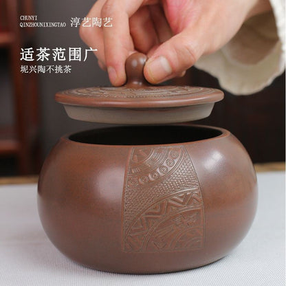 Guangxi Nixing Pottery Tea Caddy 14cm 200g Hand Carved Ceramic Storage Jar