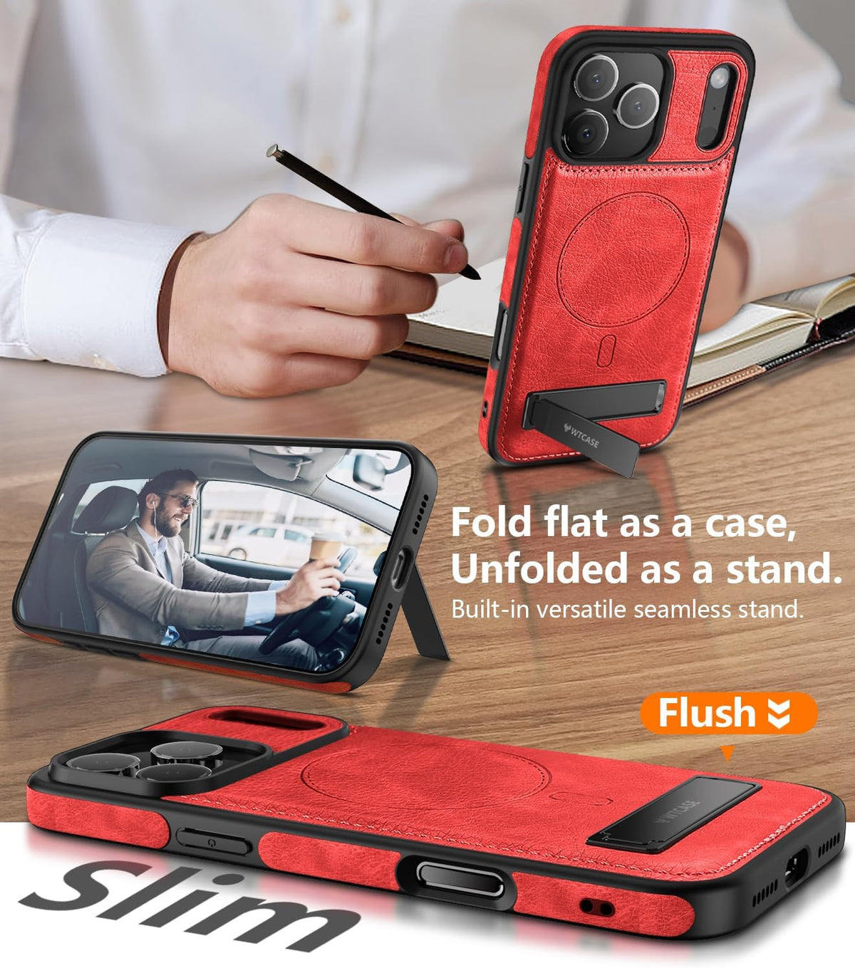 Magnetic for Iphone 17 Pro Leather Case,Built-In Invisible Stand [Compatible wit