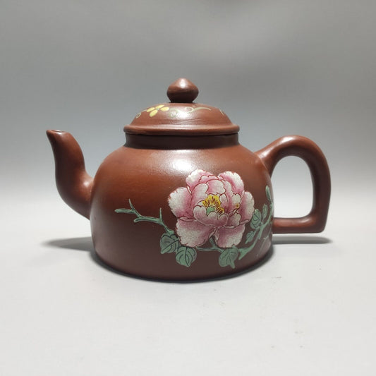 Vintage Chinese Yixing Purple Clay Teapot Zisha Ceremony Painted Peony Teaware