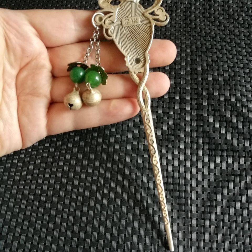 Vintage Silver-Tone Inlaid Green Gem Hairpin Antique Collectible