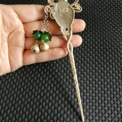 Vintage Silver-Tone Inlaid Green Gem Hairpin Antique Collectible