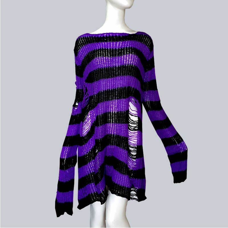 Unisex Sweater Plus Size Punk Long Dress Hollow Hole Broken Jumper Loose Thin