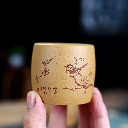 100ml Yixing Purple Clay Handcarved Flowers Bird Tea Tasting Cup Kung Fu Teaware