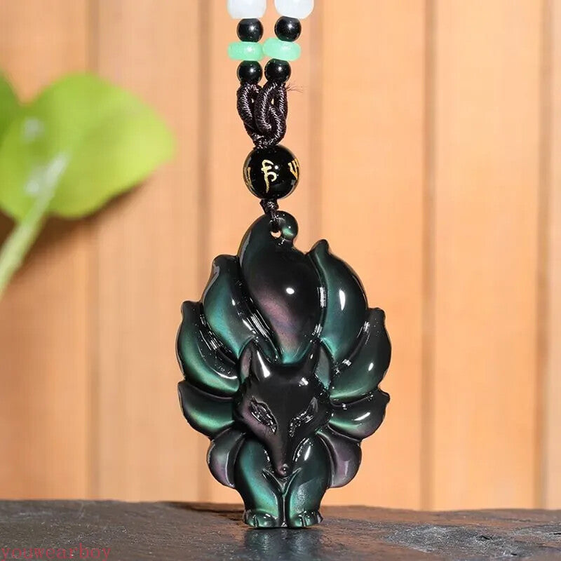 Hand Carved Nine Tailed Fox Jade Pendant Colored Natural Obsidian Jewelry